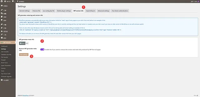 All-In-One Security 安全防護外掛程式設定：WP version info 版本資訊
