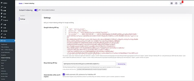 貼上 Web Search Indexing API 金鑰