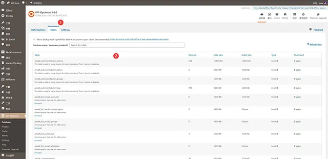 WP-Optimize 資料庫清理與快取外掛程式：資料庫/資料表設定