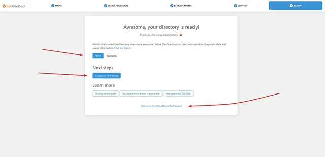 GeoDirectory 商業目錄外掛程式設定精靈設定完成