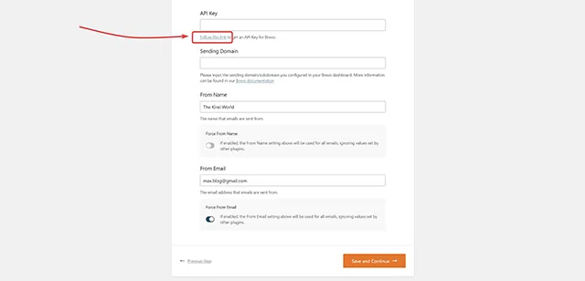 建立 API Key 的連結,點擊後會到 Brevo 建立 API Key 頁面。
