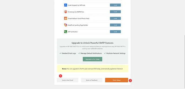 左側的 Send a Test Mail 傳送測試信件按鈕,右側的 Finish Setup 完成安裝設定按鈕。