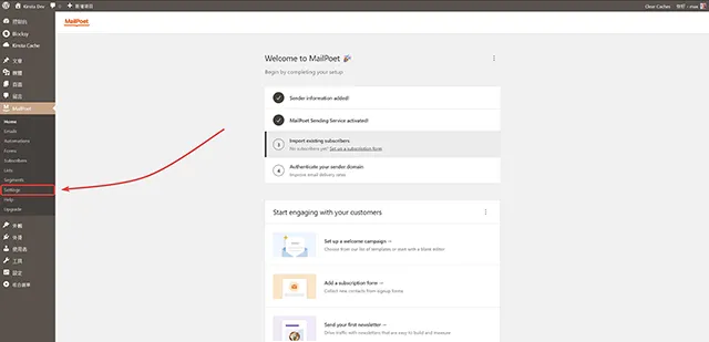 MailPoet Newsletters Email Marketing 外掛選單的 Setting 設定