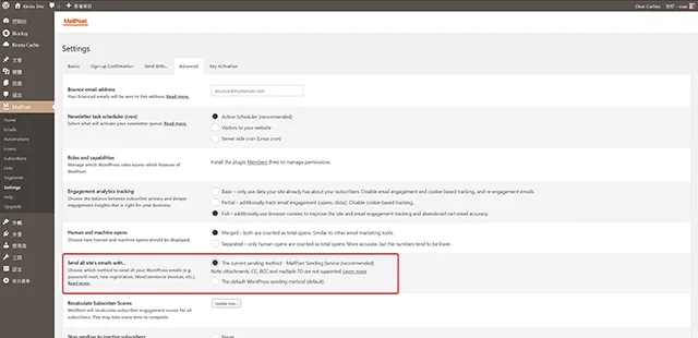 Send all site’s emails with… 這個設定選項,設定網站的信件傳送交給 MailPoet 負責
